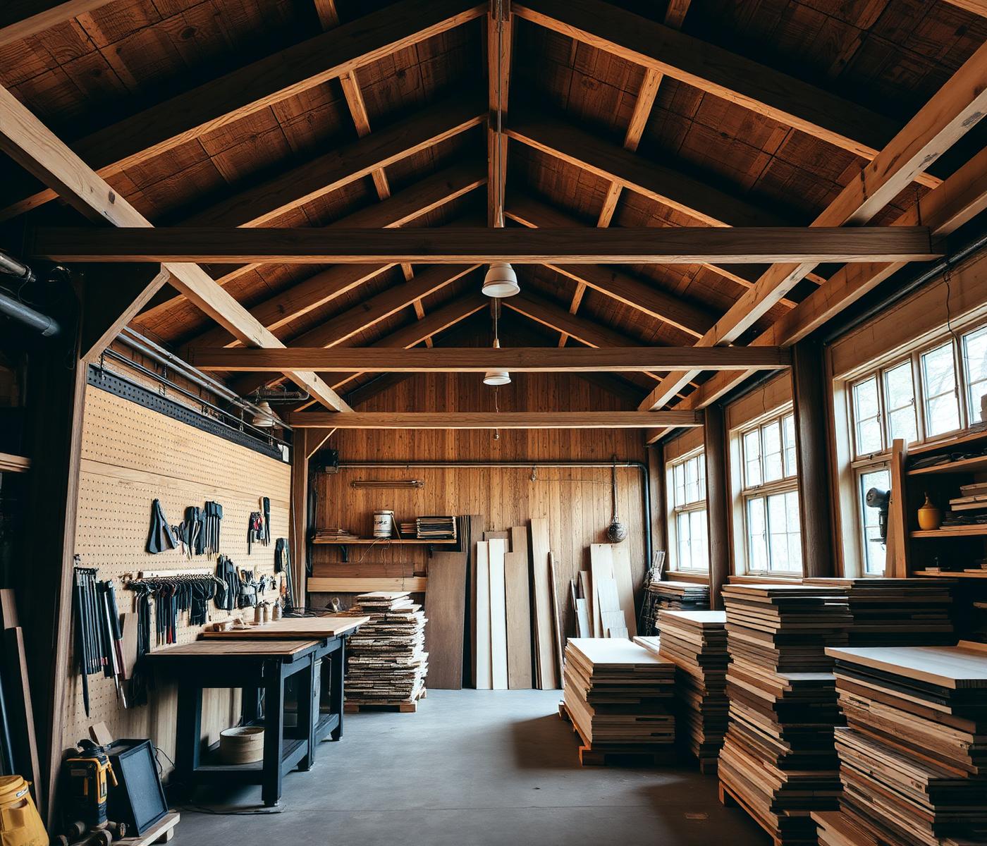 Timberline workshop with hand tools and hardwood stock